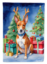 Load image into Gallery viewer, Basenji Christmas Garden Flag – Dog in Reindeer Antlers with Tree &amp; Gifts