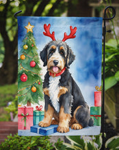 Load image into Gallery viewer, Bernedoodle Christmas Garden Flag – Dog in Reindeer Antlers with Tree &amp; Gifts
