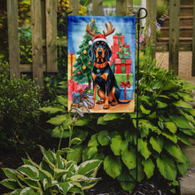 Load image into Gallery viewer, Black and Tan Coonhound Christmas Garden Flag – Dog in Reindeer Antlers with Tree &amp; Gifts