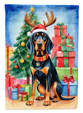 Load image into Gallery viewer, Black and Tan Coonhound Christmas Garden Flag – Dog in Reindeer Antlers with Tree &amp; Gifts