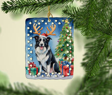 Load image into Gallery viewer, Border Collie Christmas Reindeer Porcelain Ornament