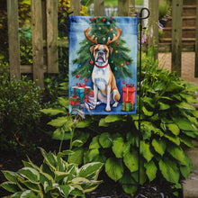 Load image into Gallery viewer, White Boxer Christmas Garden Flag – Dog in Reindeer Antlers with Tree &amp; Gifts