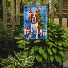 Load image into Gallery viewer, Brittany Spaniel Christmas Garden Flag – Dog in Reindeer Antlers with Tree &amp; Gifts
