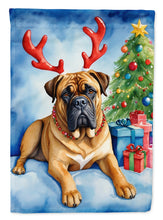 Load image into Gallery viewer, Bullmastiff Christmas Garden Flag – Dog in Reindeer Antlers with Tree &amp; Gifts