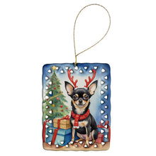 Load image into Gallery viewer, Black and Tan Chihuahua Christmas Reindeer Porcelain Ornament