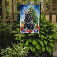 Load image into Gallery viewer, Black Chow Chow Christmas Garden Flag – Dog in Reindeer Antlers with Tree &amp; Gifts