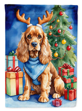 Load image into Gallery viewer, Cocker Spaniel Christmas Garden Flag – Dog in Reindeer Antlers with Tree &amp; Gifts