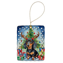 Load image into Gallery viewer, Black and Tan Dachshund Christmas Reindeer Porcelain Ornament