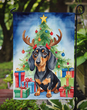 Load image into Gallery viewer, Black and Tan Dachshund Christmas Garden Flag – Dog in Reindeer Antlers with Tree &amp; Gifts