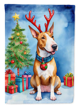 Load image into Gallery viewer, Bull Terrier Christmas Garden Flag – Dog in Reindeer Antlers with Tree &amp; Gifts