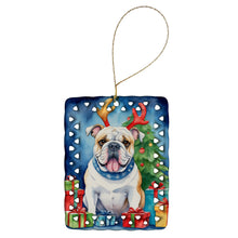 Load image into Gallery viewer, White English Bulldog Christmas Reindeer Porcelain Ornament