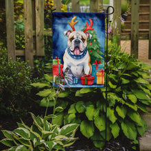 Load image into Gallery viewer, White English Bulldog Christmas Garden Flag – Dog in Reindeer Antlers with Tree &amp; Gifts