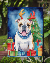 Load image into Gallery viewer, White English Bulldog Christmas Garden Flag – Dog in Reindeer Antlers with Tree &amp; Gifts