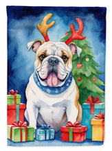 Load image into Gallery viewer, White English Bulldog Christmas Garden Flag – Dog in Reindeer Antlers with Tree &amp; Gifts