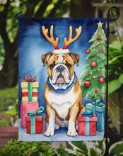 Load image into Gallery viewer, English Bulldog Christmas Garden Flag – Dog in Reindeer Antlers with Tree &amp; Gifts
