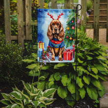 Load image into Gallery viewer, English Cocker Spaniel Christmas Garden Flag – Dog in Reindeer Antlers with Tree &amp; Gifts