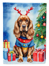 Load image into Gallery viewer, English Cocker Spaniel Christmas Garden Flag – Dog in Reindeer Antlers with Tree &amp; Gifts