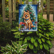 Load image into Gallery viewer, Finnish Spitz Christmas Garden Flag – Dog in Reindeer Antlers with Tree &amp; Gifts