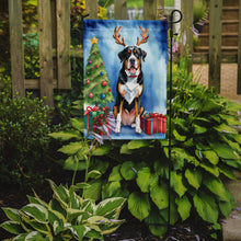 Load image into Gallery viewer, Greater Swiss Mountain Dog Christmas Garden Flag – Dog in Reindeer Antlers with Tree &amp; Gifts