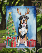 Load image into Gallery viewer, Greater Swiss Mountain Dog Christmas Garden Flag – Dog in Reindeer Antlers with Tree &amp; Gifts