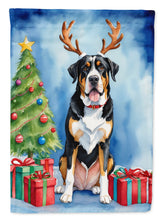 Load image into Gallery viewer, Greater Swiss Mountain Dog Christmas Garden Flag – Dog in Reindeer Antlers with Tree &amp; Gifts