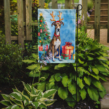 Load image into Gallery viewer, Brindle Greyhound Christmas Garden Flag – Dog in Reindeer Antlers with Tree &amp; Gifts