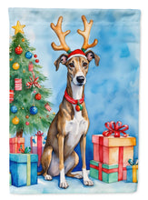 Load image into Gallery viewer, Brindle Greyhound Christmas Garden Flag – Dog in Reindeer Antlers with Tree &amp; Gifts
