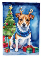 Load image into Gallery viewer, Jack Russell Terrier Christmas Garden Flag – Dog in Reindeer Antlers with Tree &amp; Gifts