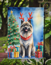 Load image into Gallery viewer, Keeshond Christmas Garden Flag – Dog in Reindeer Antlers with Tree &amp; Gifts