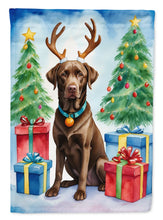 Load image into Gallery viewer, Chocolate Labrador Retriever Christmas Garden Flag – Dog in Reindeer Antlers with Tree &amp; Gifts