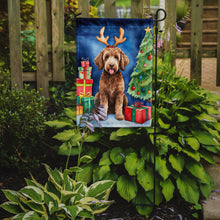 Load image into Gallery viewer, Labradoodle Christmas Garden Flag – Dog in Reindeer Antlers with Tree &amp; Gifts