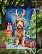 Load image into Gallery viewer, Labradoodle Christmas Garden Flag – Dog in Reindeer Antlers with Tree &amp; Gifts