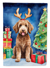 Load image into Gallery viewer, Labradoodle Christmas Garden Flag – Dog in Reindeer Antlers with Tree &amp; Gifts