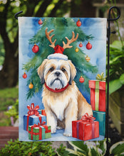 Load image into Gallery viewer, Lhasa Apso Christmas Garden Flag – Dog in Reindeer Antlers with Tree &amp; Gifts