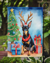 Load image into Gallery viewer, Manchester Terrier Christmas Garden Flag – Dog in Reindeer Antlers with Tree &amp; Gifts
