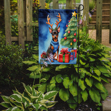 Load image into Gallery viewer, Miniature Pinscher Christmas Garden Flag – Dog in Reindeer Antlers with Tree &amp; Gifts