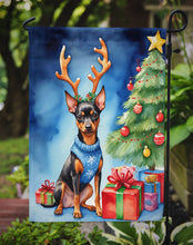 Load image into Gallery viewer, Miniature Pinscher Christmas Garden Flag – Dog in Reindeer Antlers with Tree &amp; Gifts