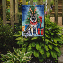 Load image into Gallery viewer, Norwegian Elkhound Christmas Garden Flag – Dog in Reindeer Antlers with Tree &amp; Gifts