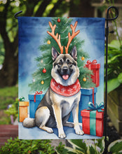 Load image into Gallery viewer, Norwegian Elkhound Christmas Garden Flag – Dog in Reindeer Antlers with Tree &amp; Gifts