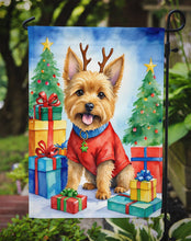 Load image into Gallery viewer, Norwich Terrier Christmas Garden Flag – Dog in Reindeer Antlers with Tree &amp; Gifts