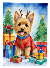 Load image into Gallery viewer, Norwich Terrier Christmas Garden Flag – Dog in Reindeer Antlers with Tree &amp; Gifts