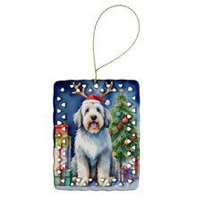 Load image into Gallery viewer, Old English Sheepdog Christmas Reindeer Porcelain Ornament