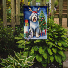 Load image into Gallery viewer, Old English Sheepdog Christmas Garden Flag – Dog in Reindeer Antlers with Tree &amp; Gifts
