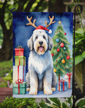 Load image into Gallery viewer, Old English Sheepdog Christmas Garden Flag – Dog in Reindeer Antlers with Tree &amp; Gifts
