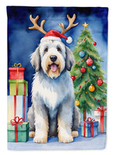 Load image into Gallery viewer, Old English Sheepdog Christmas Garden Flag – Dog in Reindeer Antlers with Tree &amp; Gifts
