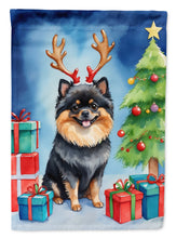 Load image into Gallery viewer, Pomeranian Christmas Garden Flag – Dog in Reindeer Antlers with Tree &amp; Gifts