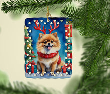 Load image into Gallery viewer, Pomeranian Christmas Reindeer Porcelain Ornament
