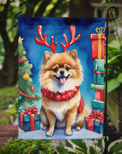 Load image into Gallery viewer, Pomeranian Christmas Garden Flag – Dog in Reindeer Antlers with Tree &amp; Gifts