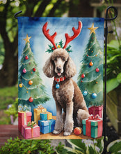 Load image into Gallery viewer, Chocolate Standard Poodle Christmas Garden Flag – Dog in Reindeer Antlers with Tree &amp; Gifts