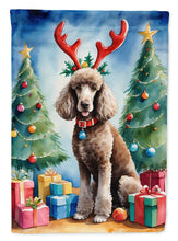 Load image into Gallery viewer, Chocolate Standard Poodle Christmas Garden Flag – Dog in Reindeer Antlers with Tree &amp; Gifts